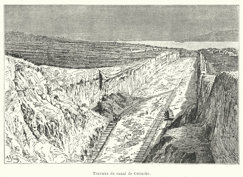 Obras do canal de Corinto (gravura) de French School