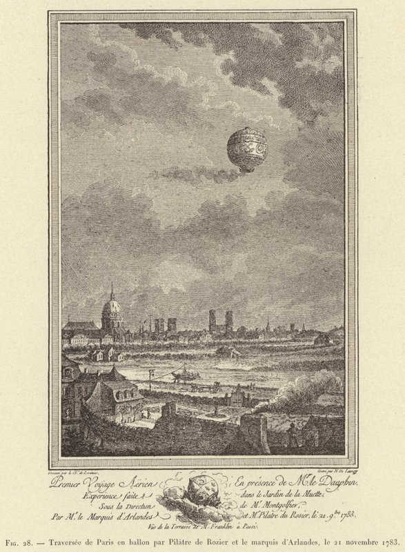 Balonismo em Paris por Pilatre de Rozier e o Marquês de Arlandes, 21 de Novembro de 1783 (gravura) de French School