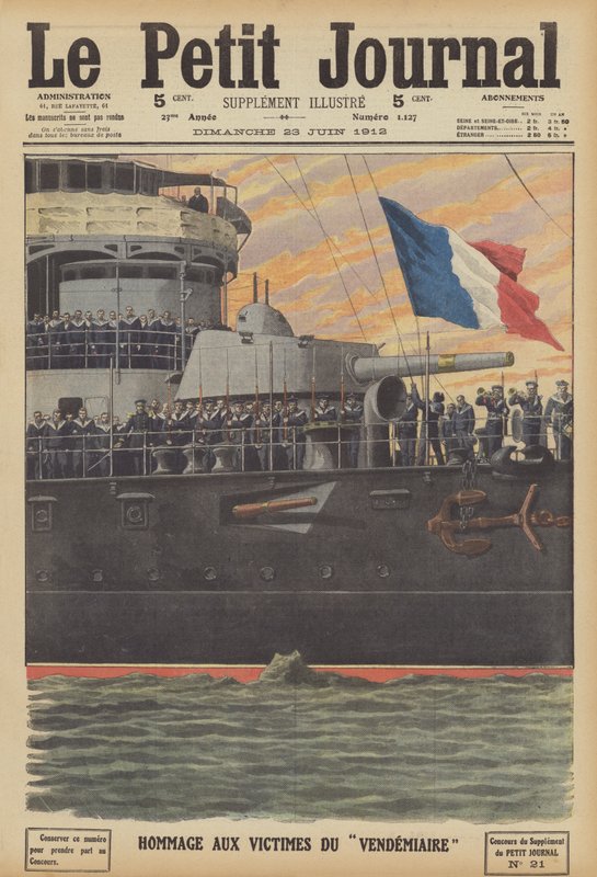 Homenagem às vítimas do naufrágio do submarino francês Vendemiaire (cor litho) de French School