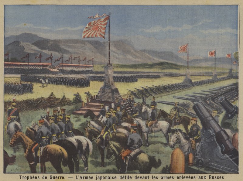 Troféus de guerra: o exército japonês desfila antes dos armamentos russos capturados na Guerra Russo-Japonesa (cor litho) de French School