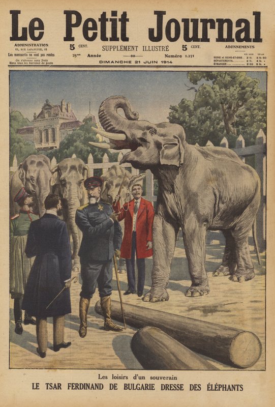 Czar Ferdinando I de Bulgraia treinando elefantes (cor litho) de French School