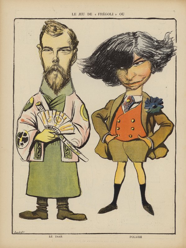 O czar Nicolau II da Rússia e a atriz francesa Polaire. Ilustração para Le Rire (cor litho) de French School