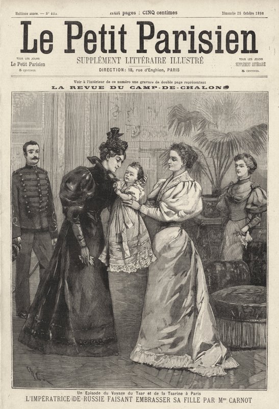 A Czarina Alexandra da Rússia convida a viúva da presidente francesa Sadi Carnot para beijar a filha, a Grã-Duquesa Olga, durante a visita da Família Imperial Russa a Paris de French School