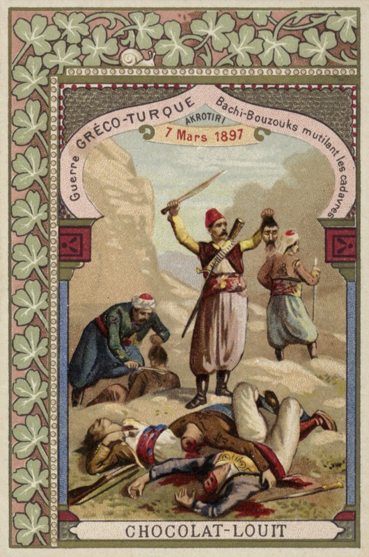 Bashi-bazouks turcos mutilando cadáveres gregos, Akrotiri, Creta, Guerra Greco-Turca, 7 de março de 1897 de French School