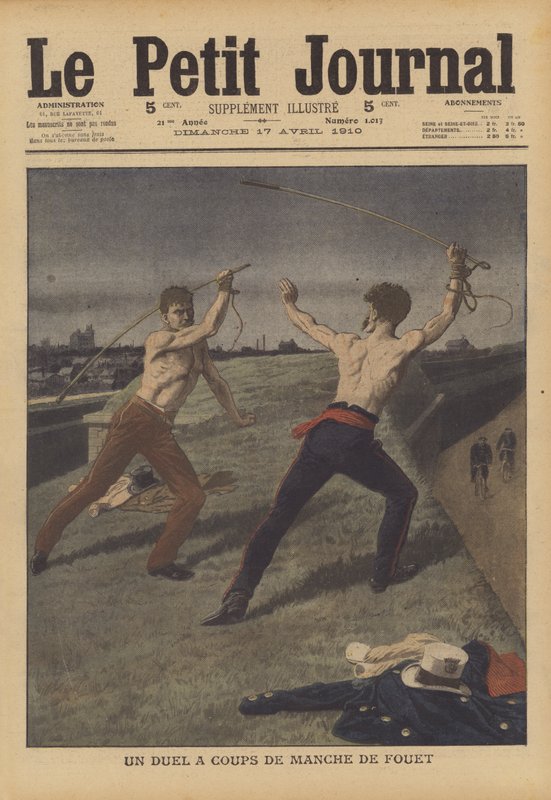 Dois taxistas lutando um duelo com seus chicotes (cor litho) de French School