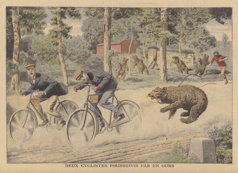 Dois ciclistas perseguidos por um urso fugitivo (cor litho) de French School