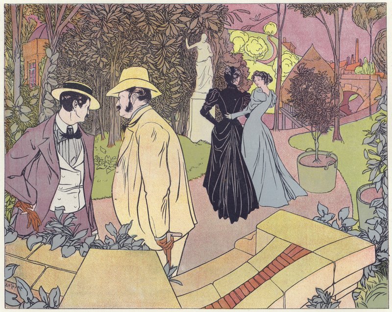 Dois homens conversam enquanto duas mulheres caminham em um jardim de French School