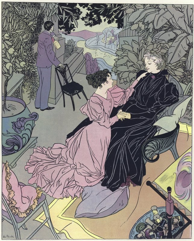 Duas mulheres, sentando, em, um, conservatório de French School