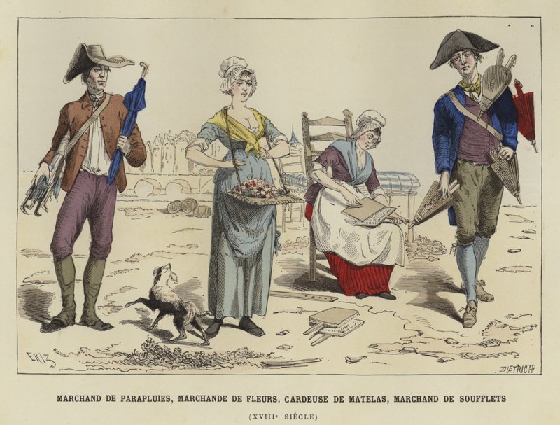 Vendedor de guarda-chuva, vendedor de flores, carder e vendedor de fole, século XVIII de French School