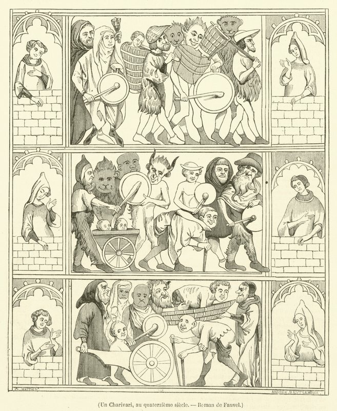 Un Charivari, au quatorzieme siecle, Roman de Fauvel (gravura) de French School