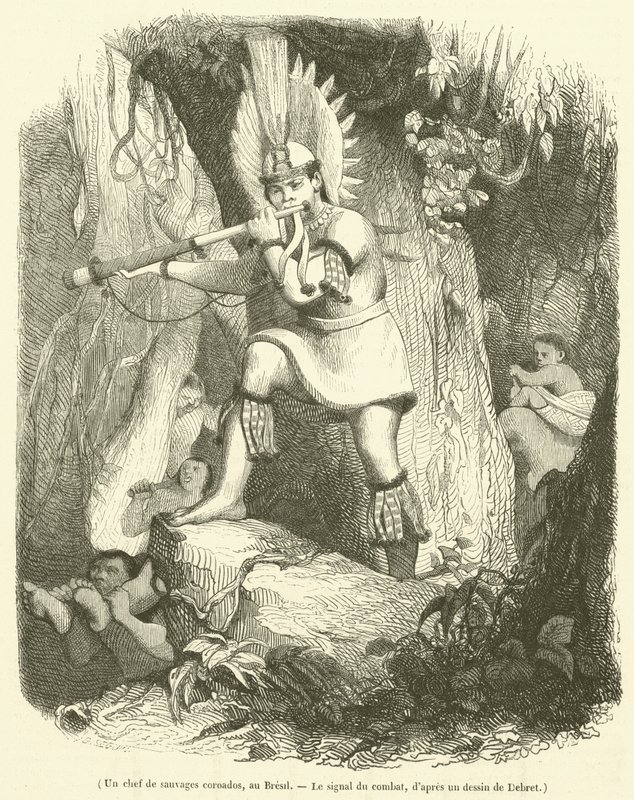 Um líder de coroados selvagens, no Brasil, O sinal da luta (gravura) de French School