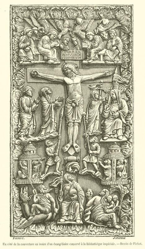Um lado da capa de marfim de um livro de evangelista guardado na Biblioteca Imperial (gravura) de French School