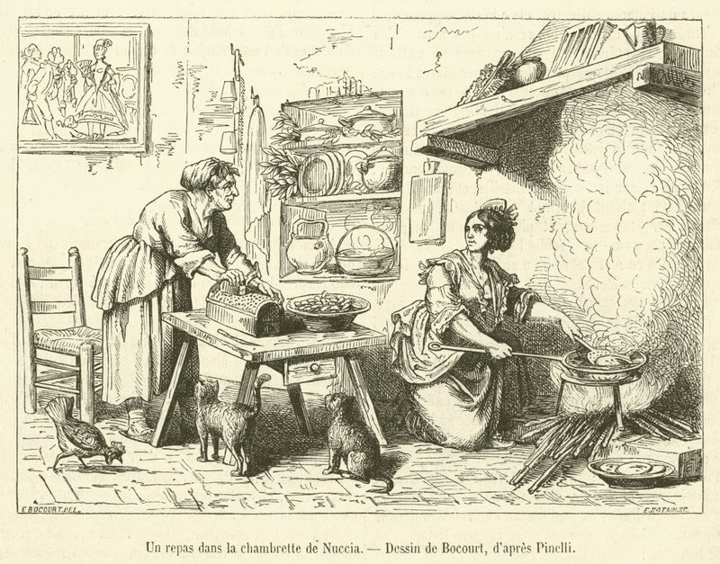 Uma refeição no quarto do Nuccia (gravura) de French School