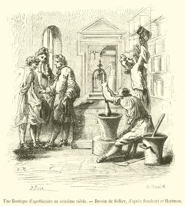 Uma loja de boticário no século XVI (gravura) de French School