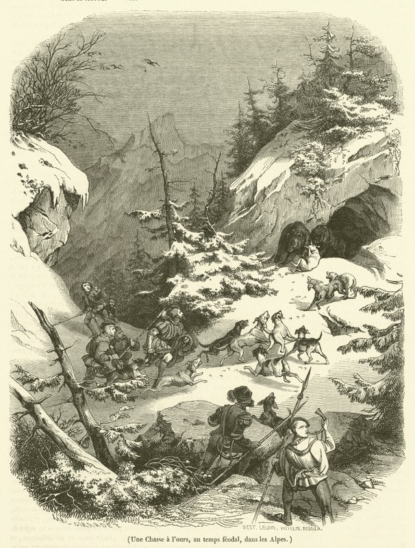 Uma caça ao urso na época feudal nos Alpes (gravura) de French School