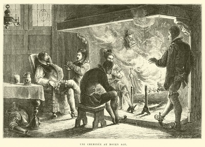 Uma lareira na Idade Média (gravura) de French School