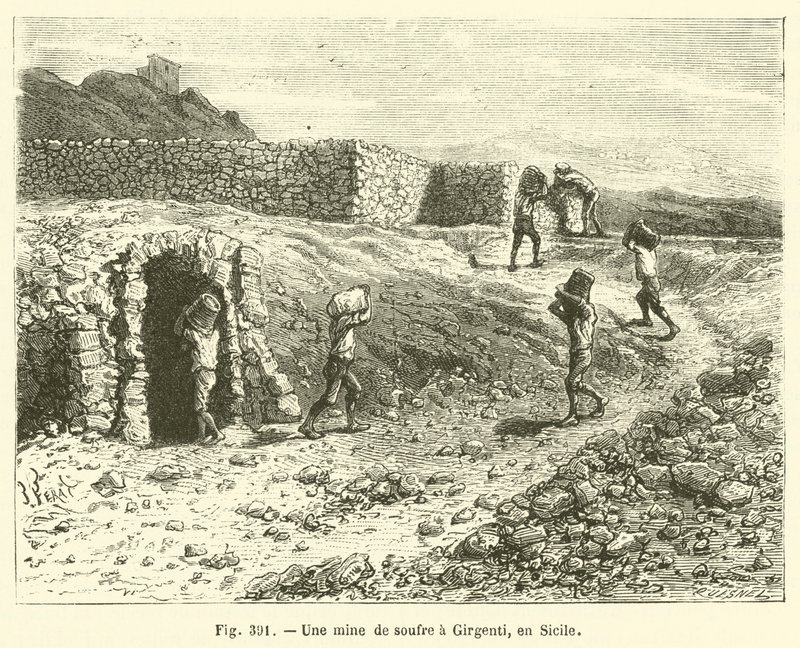 Uma mina de enxofre em Girgenti, Sicília (gravura) de French School