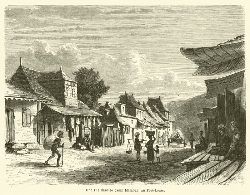 Uma rua no acampamento de Malabar, Port Louis (gravura) de French School