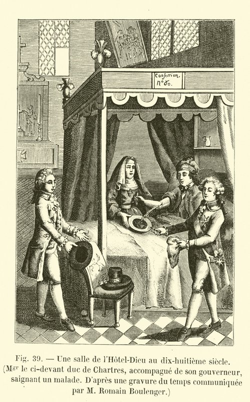 Uma sala do Hotel-Dieu no século XVIII, o mencionado Duque de Chartres, acompanha seu governante, sangrando um paciente, Dapres uma gravura do tempo comunicado pelo Sr. Romain Boulenger (eng de French School