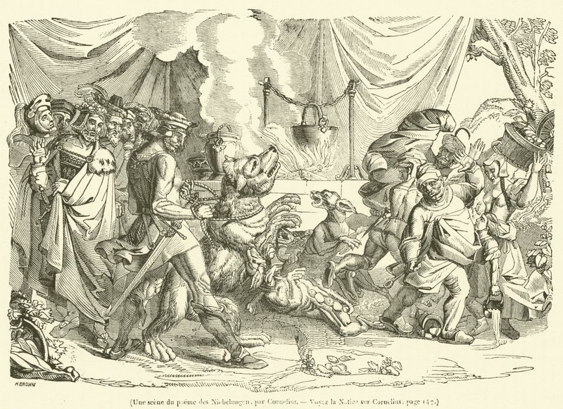 Uma cena do poema dos Niebelungen (gravura) de French School