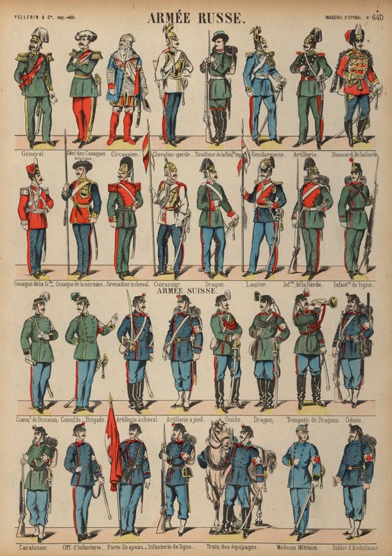 Uniformes dos exércitos russo e suíço (gravura colorida) de French School