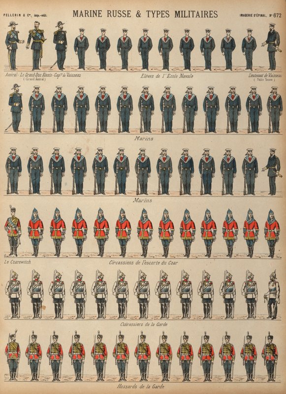 Uniformes do exército e marinha russos (gravura colorida) de French School