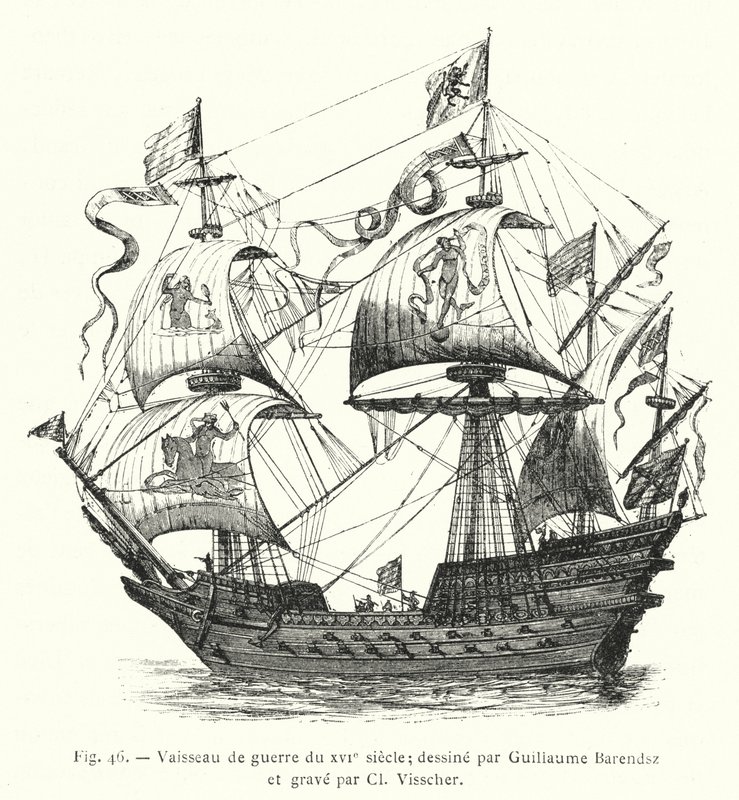 Navio de guerra do século XVI; desenhado por Guillaume Barendsz e gravado por Cl Visscher (gravura) de French School
