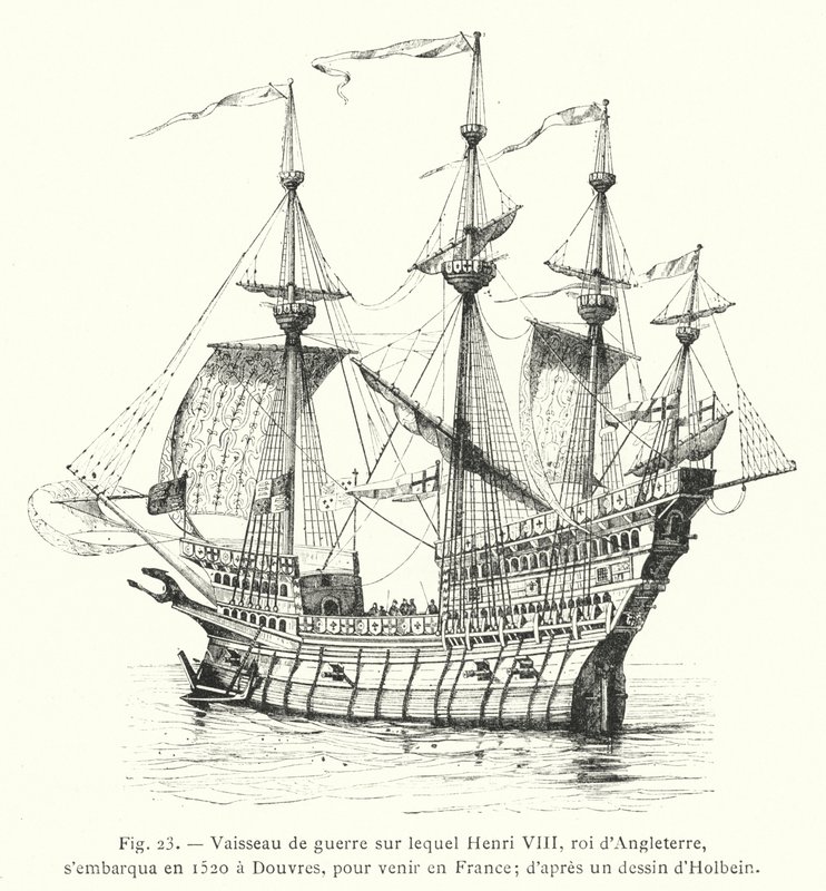 Navio de guerra em que Henrique VIII, Rei de Inglaterra, embarcou em 1520 em Dover, para vir para França; de um desenho de Holbein (gravura) de French School