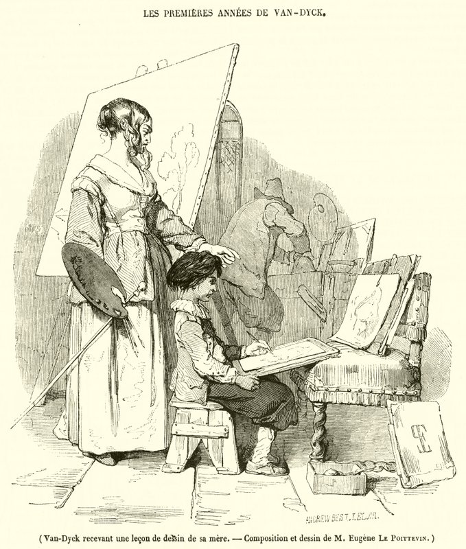 Van-Dyck a receber uma aula de desenho da mãe (gravura) de French School