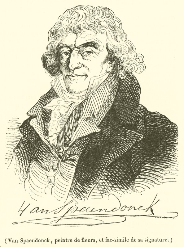 Van Spaendonck, pintor de flores, e fac-símile da sua assinatura (gravura) de French School