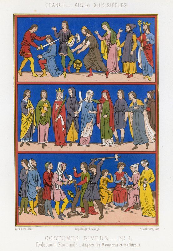 Vários trajes da França dos séculos XII e XIII de French School