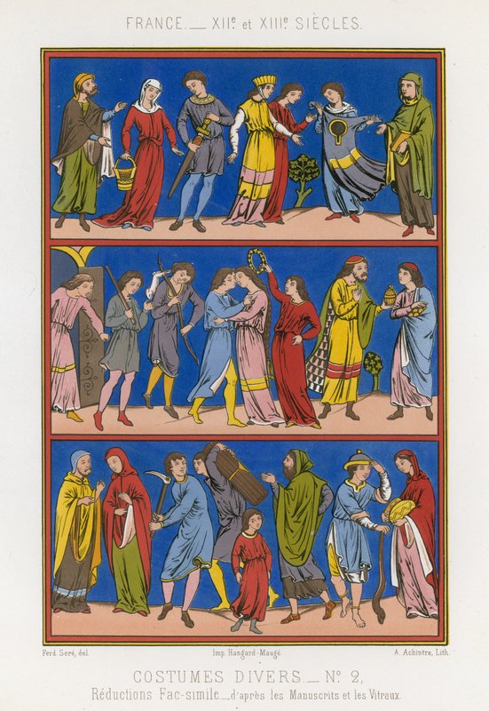 Vários trajes da França dos séculos XII e XIII de French School