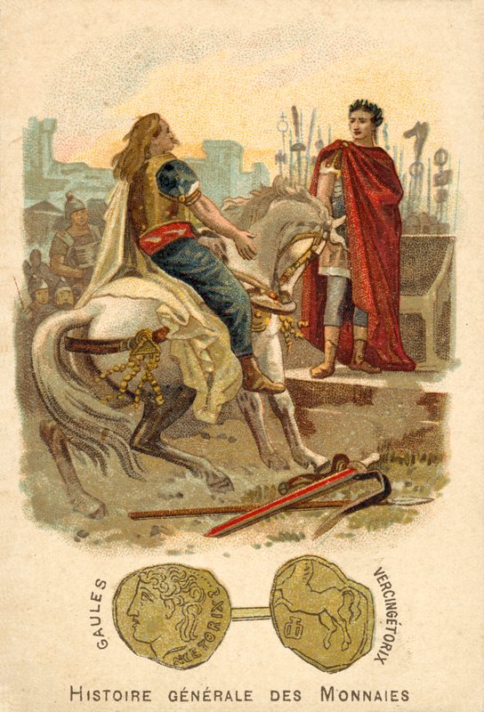 Vercingetorix submetendo a Júlio César, 52 AC (chromolitho) de French School