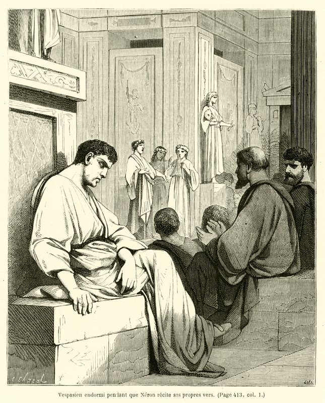 Vespasiano a dormir enquanto Neron recita os seus próprios versos (gravura) de French School
