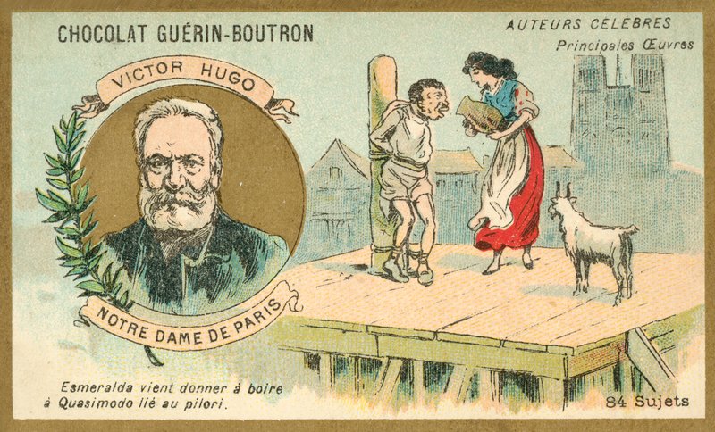 Victor Hugo, autor francês, e uma cena de seu romance Notre Dame de Paris (chromolitho) de French School