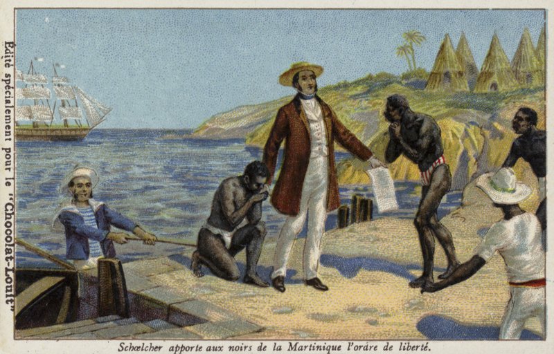 Victor Schoelcher trazendo notícias de sua liberdade aos escravos da Martinica, c1848 de French School