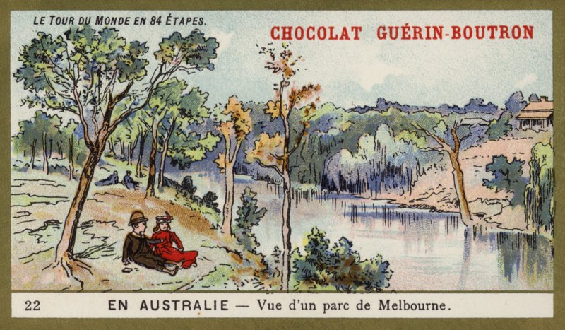 Vista de um parque em Melbourne, Austrália (chromolitho) de French School