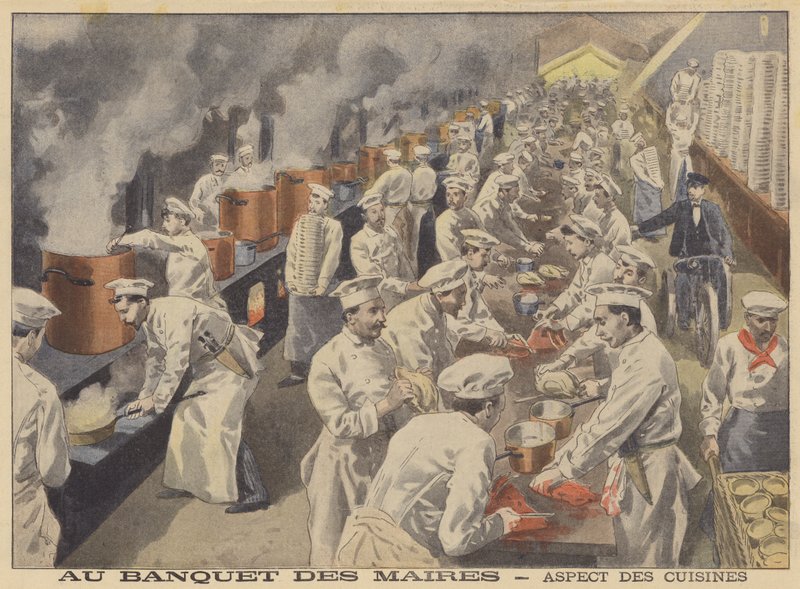 Vista das cozinhas para o banquete dos prefeitos da França (cor litho) de French School