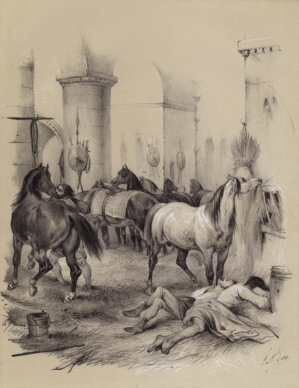 Vikings usando a catedral de Carlos Magno em Aachen como um estábulo, 882 (litho) de French School