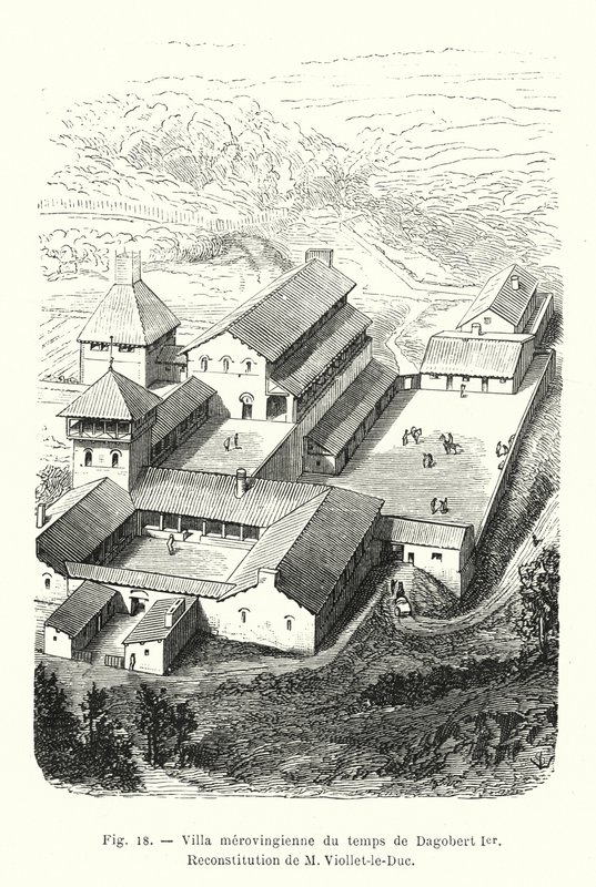 Merovingian villa da época de Dagobert I, Reconstituição por M Viollet-le-Duc (gravura) de French School