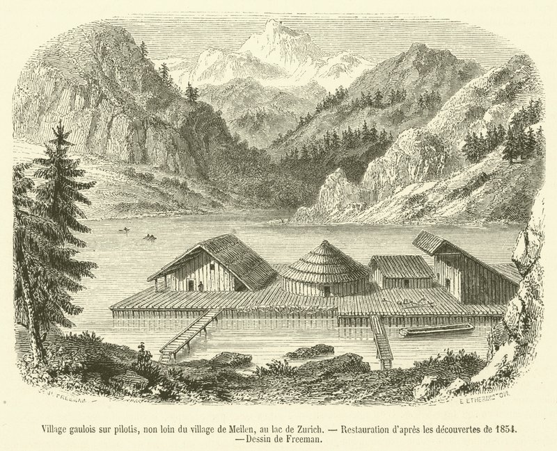 Aldeia galega em palafitas, não muito longe da aldeia de Meilen, no Lago Zurique (gravura) de French School