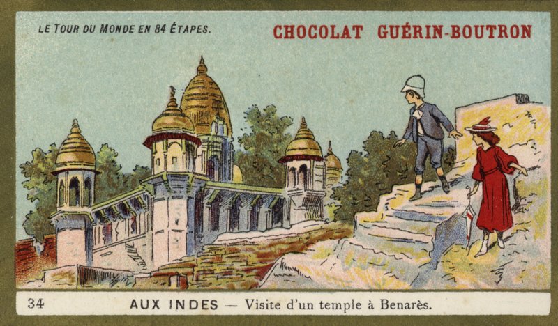 Visita a um templo em Benares, Índia (chromolitho) de French School