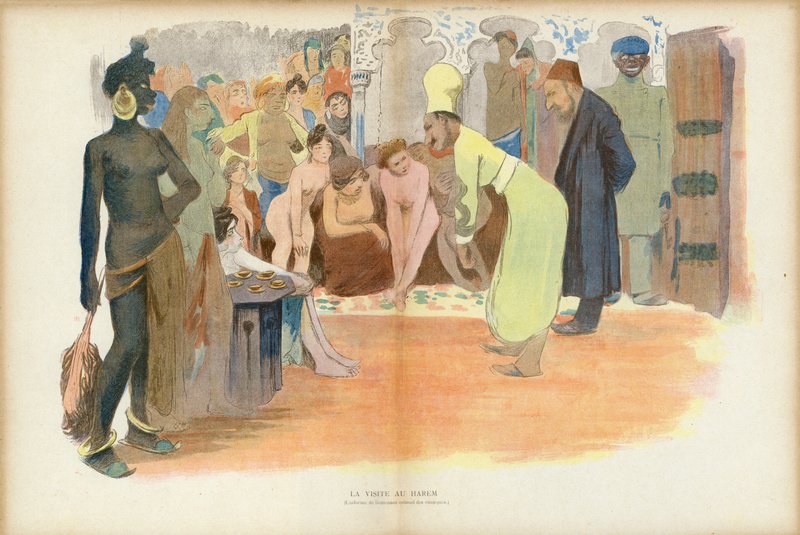 Visita ao Harem, Ilustração para Le Rire (cor litho) de French School