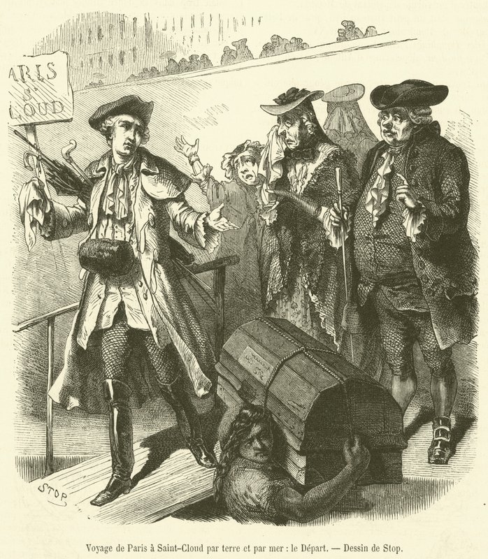 Voyage de Paris a Saint-Cloud par terre et par mer, le Depart (gravura) de French School