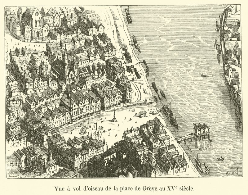 Vista aérea da praça Greve no século XV de French School