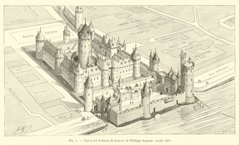 Uma vista aérea do Louvre de Philippe-Auguste, antes de 1362 de French School