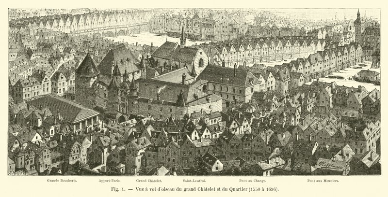 Vista aérea do grande Chatelet e do distrito, 1550 a 1696 de French School