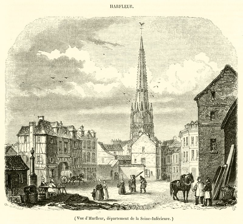 Vista de Harfleur, departamento de Seine-Inferieure (gravura) de French School