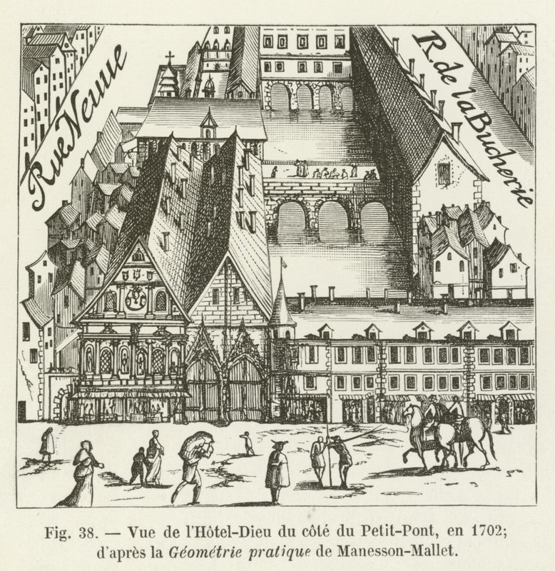 Vista do Hotel-Dieu ao lado do Petit-Pont, em 1702; dapres a geometria prática de Manesson-Mallet de French School