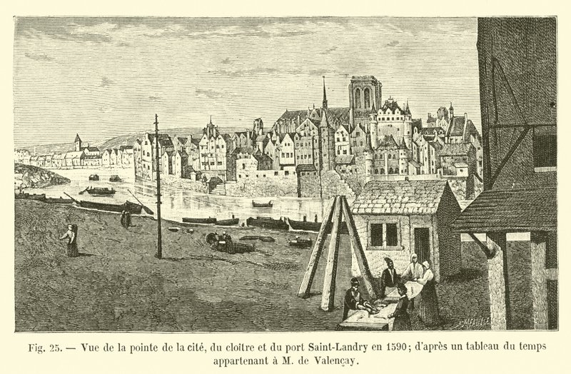 Vista da ponta da cidade, o claustro e o porto Saint-Landry em 1590; de um gráfico de tempo pertencente ao Sr. de Valencay de French School